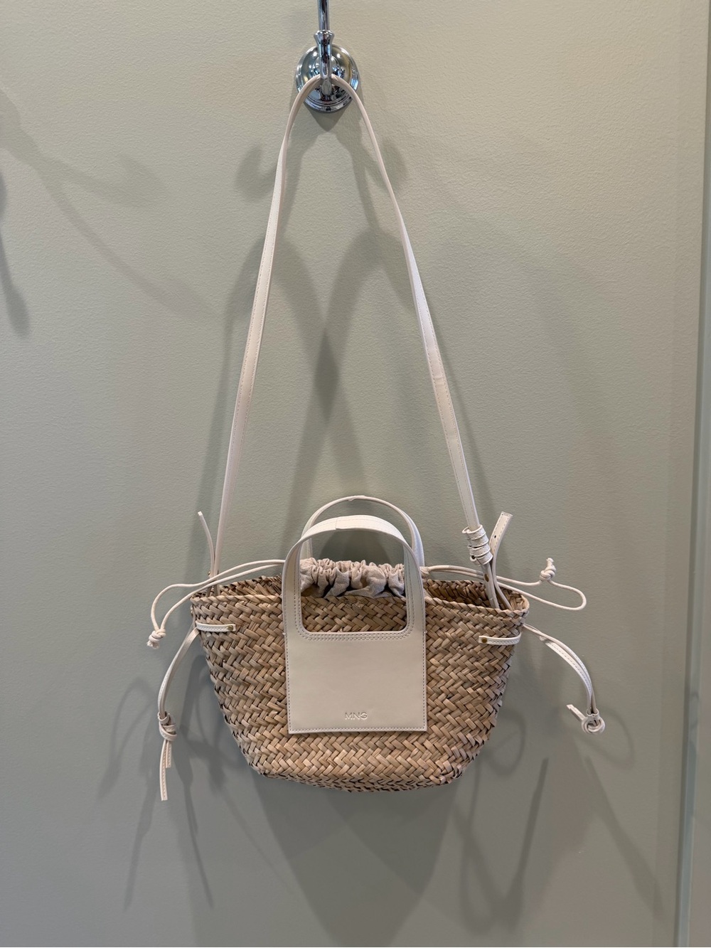 Mango Natural Woven Crossbody Bag with White Trim